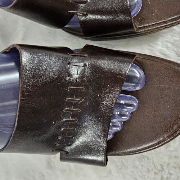 Zu Chocolate Brown Leather Whipstitch Slide On Heeleed Sandal Size 9 - Picture 4 of 15